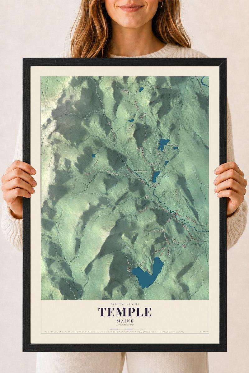 Temple, Maine map print - 18 x 24 black Ayous wood frame