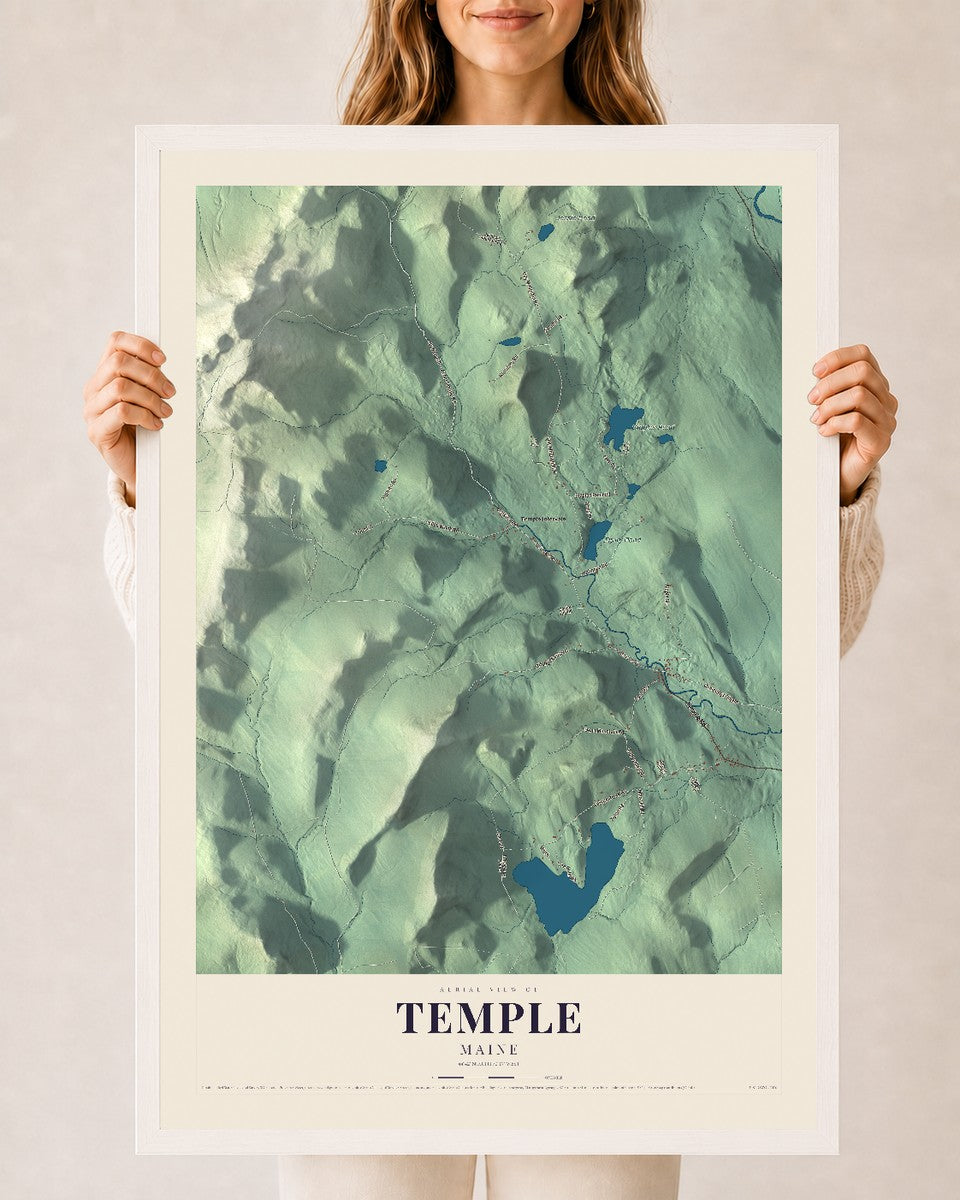 Temple, Maine map print - 24 x 36 white Ayous wood frame