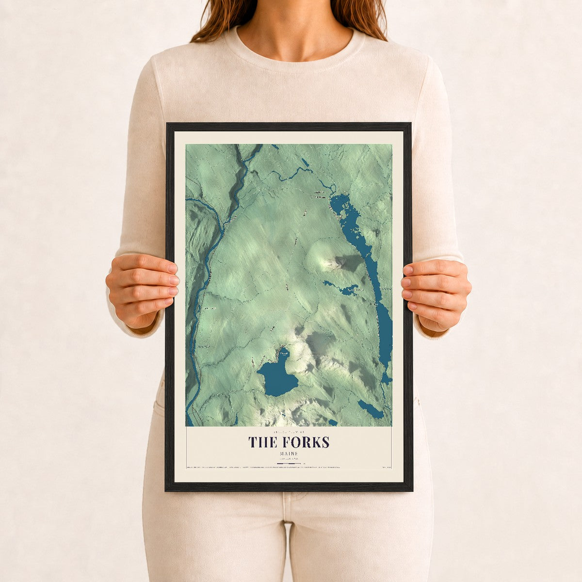 The Forks, Maine map print - 12 x 18 black Ayous wood frame