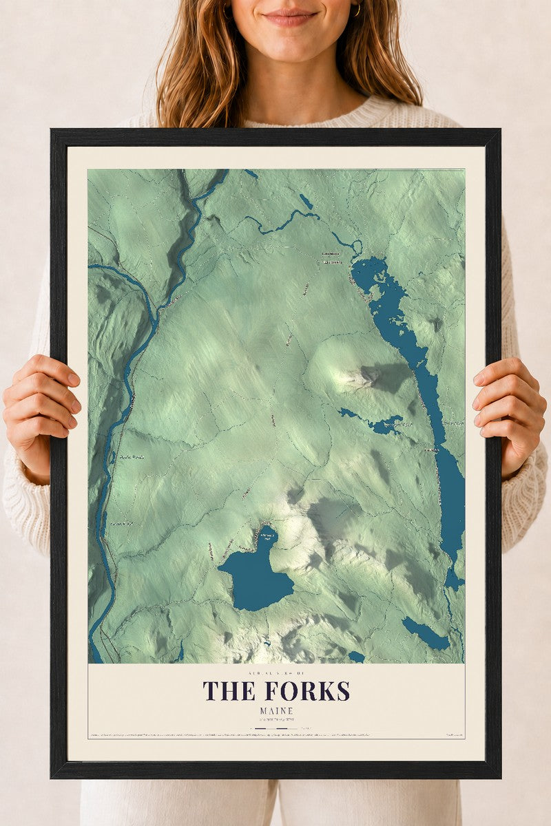 The Forks, Maine map print - 18 x 24 black Ayous wood frame