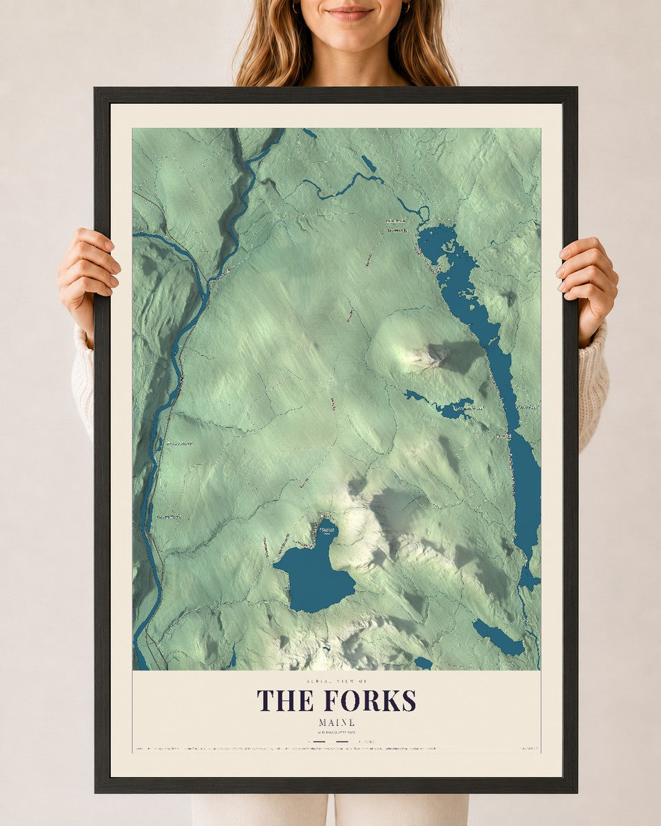 The Forks, Maine map print - 24 x 36 black Ayous wood frame