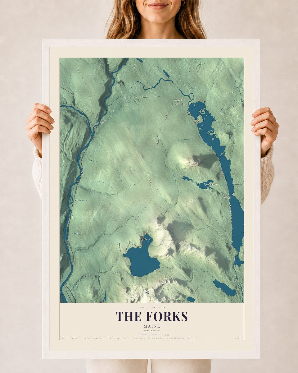 The Forks, Maine map print - 24 x 36 white Ayous wood frame