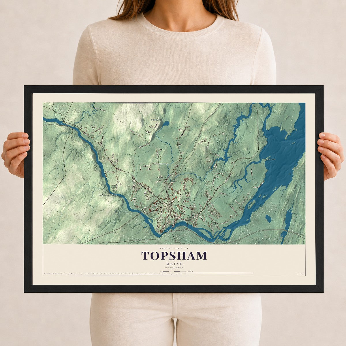 Topsham, Maine map print - 12 x 18 black Ayous wood frame