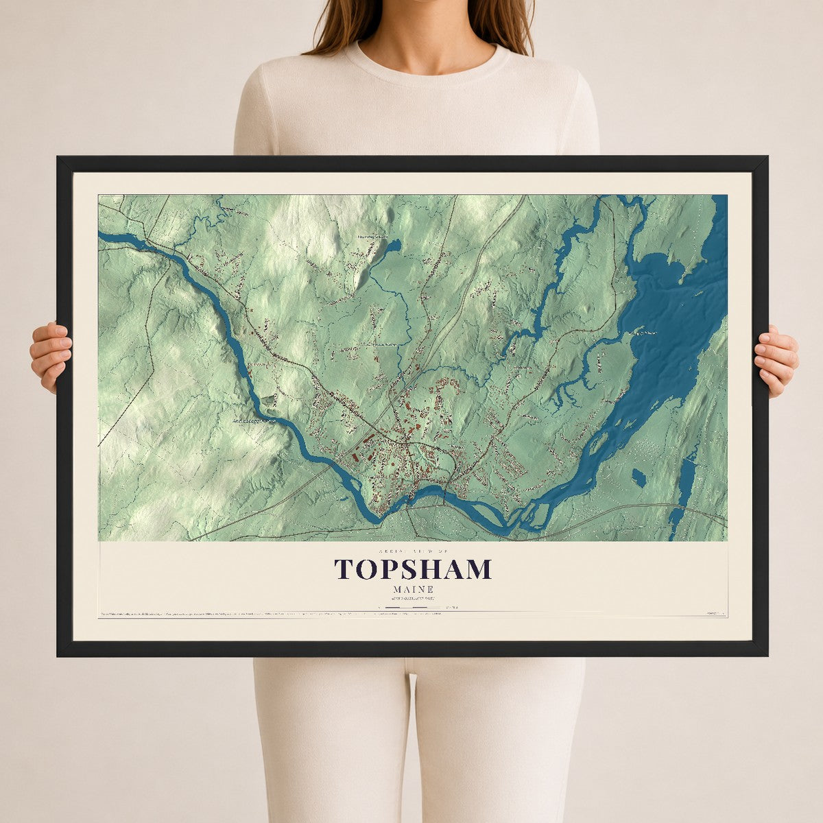 Topsham, Maine map print - 24 x 36 black Ayous wood frame