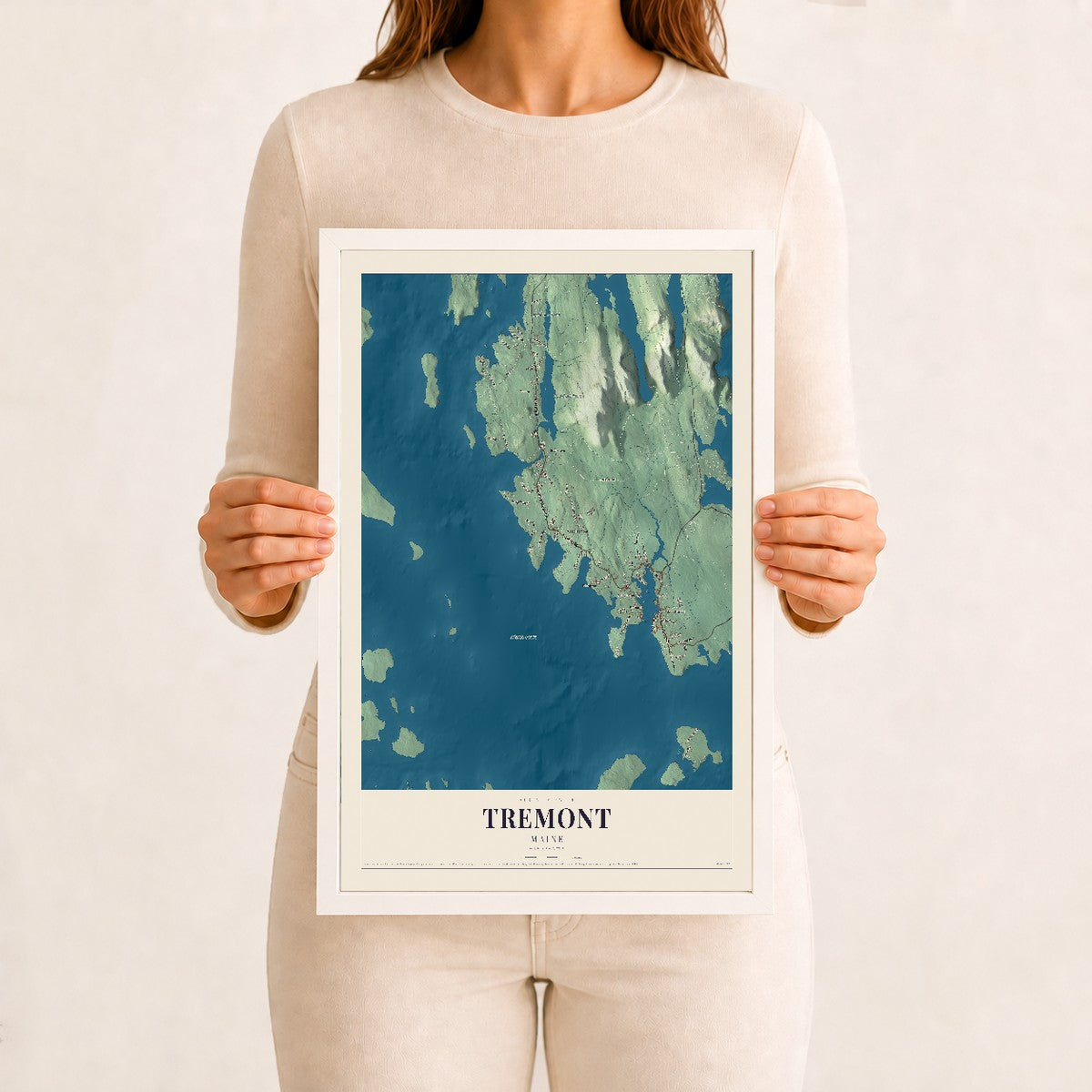 Tremont, Maine map print - 12 x 18 white Ayous wood frame
