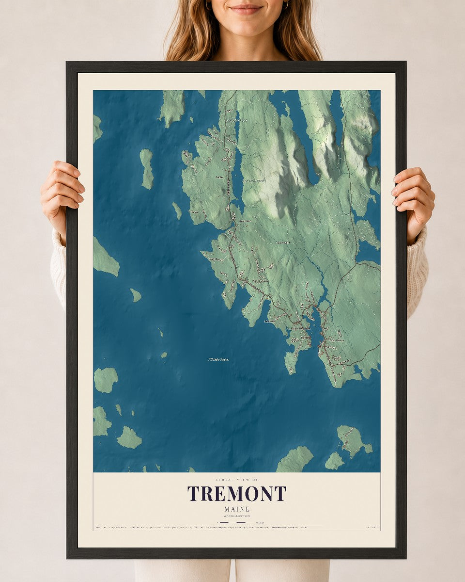 Tremont, Maine map print - 24 x 36 black Ayous wood frame