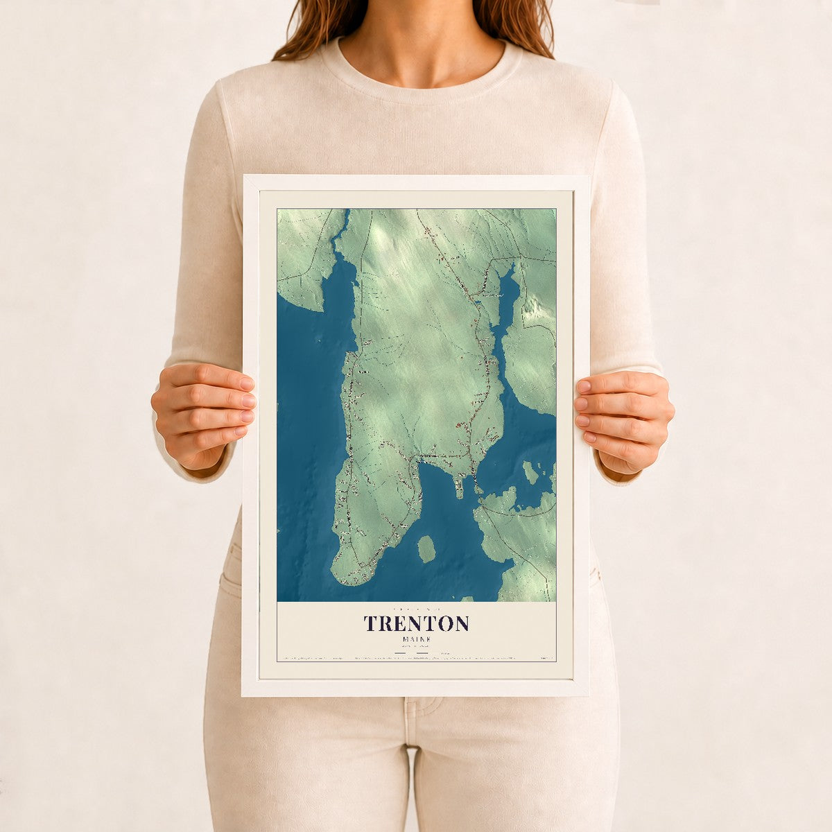 Trenton, Maine map print - 12 x 18 white Ayous wood frame