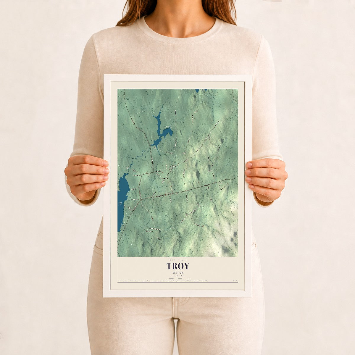 Troy, Maine map print - 12 x 18 white Ayous wood frame