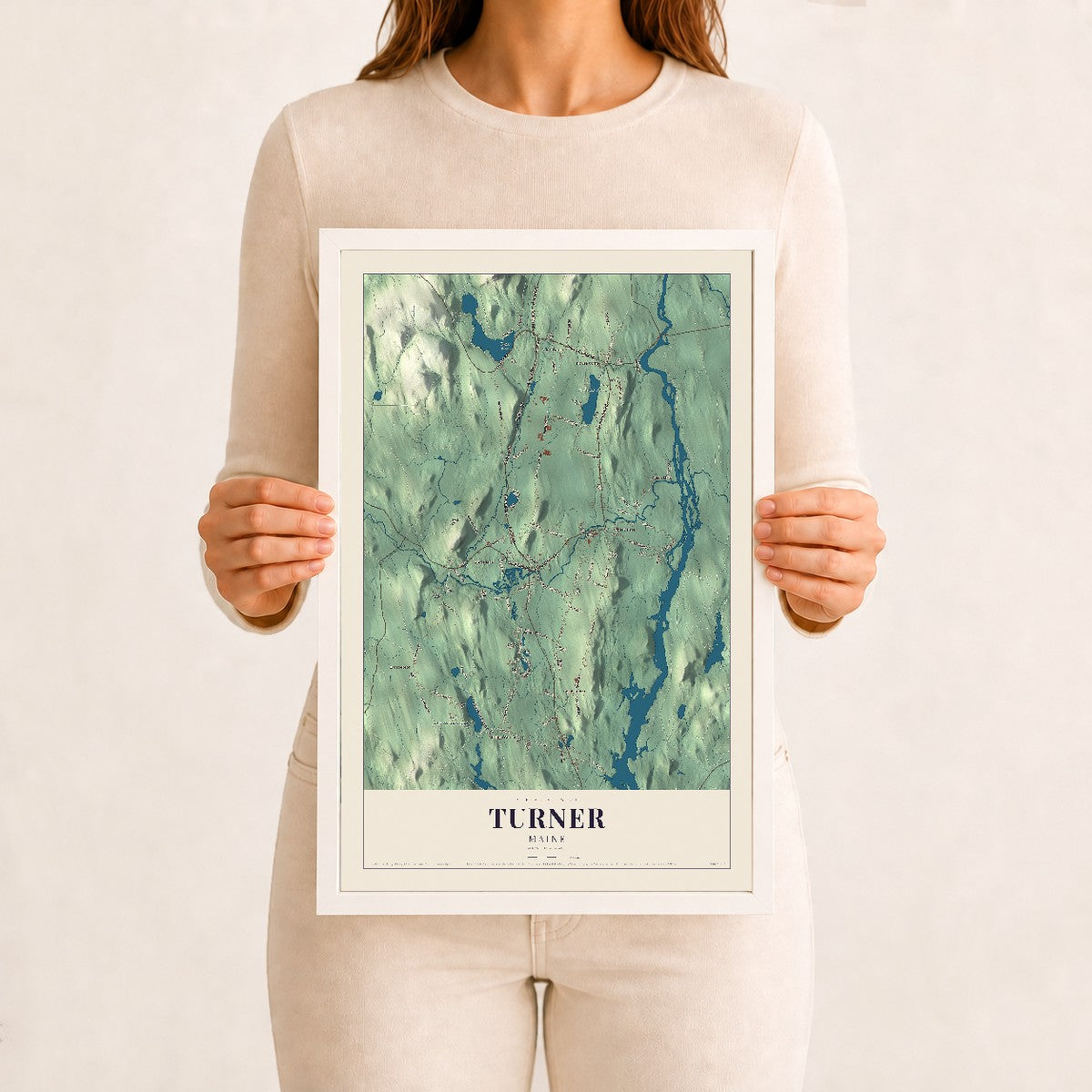 Turner, Maine map print - 12 x 18 white Ayous wood frame