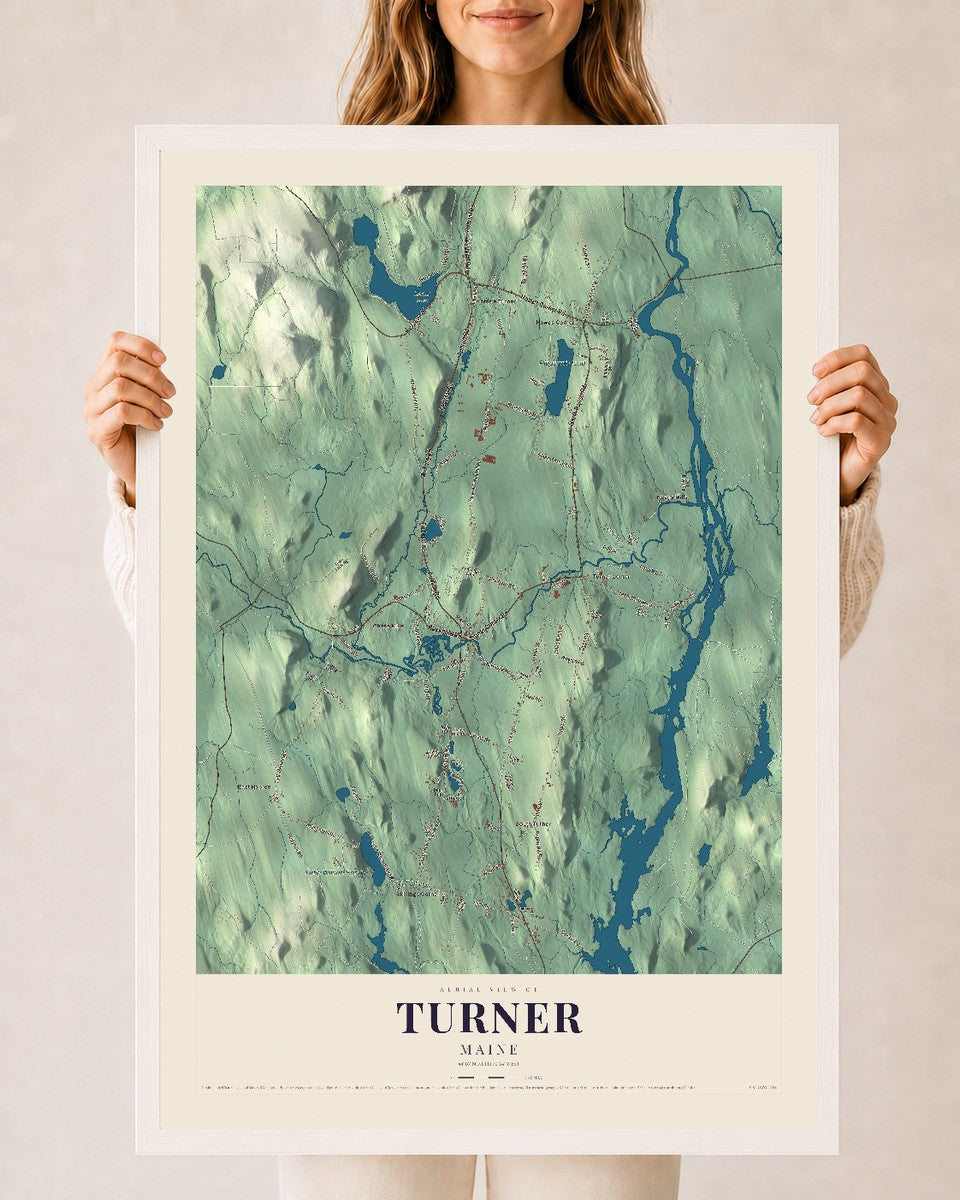 Turner, Maine map print - 24 x 36 white Ayous wood frame