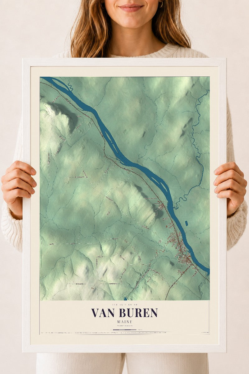 Van Buren, Maine map print - 18 x 24 white Ayous wood frame