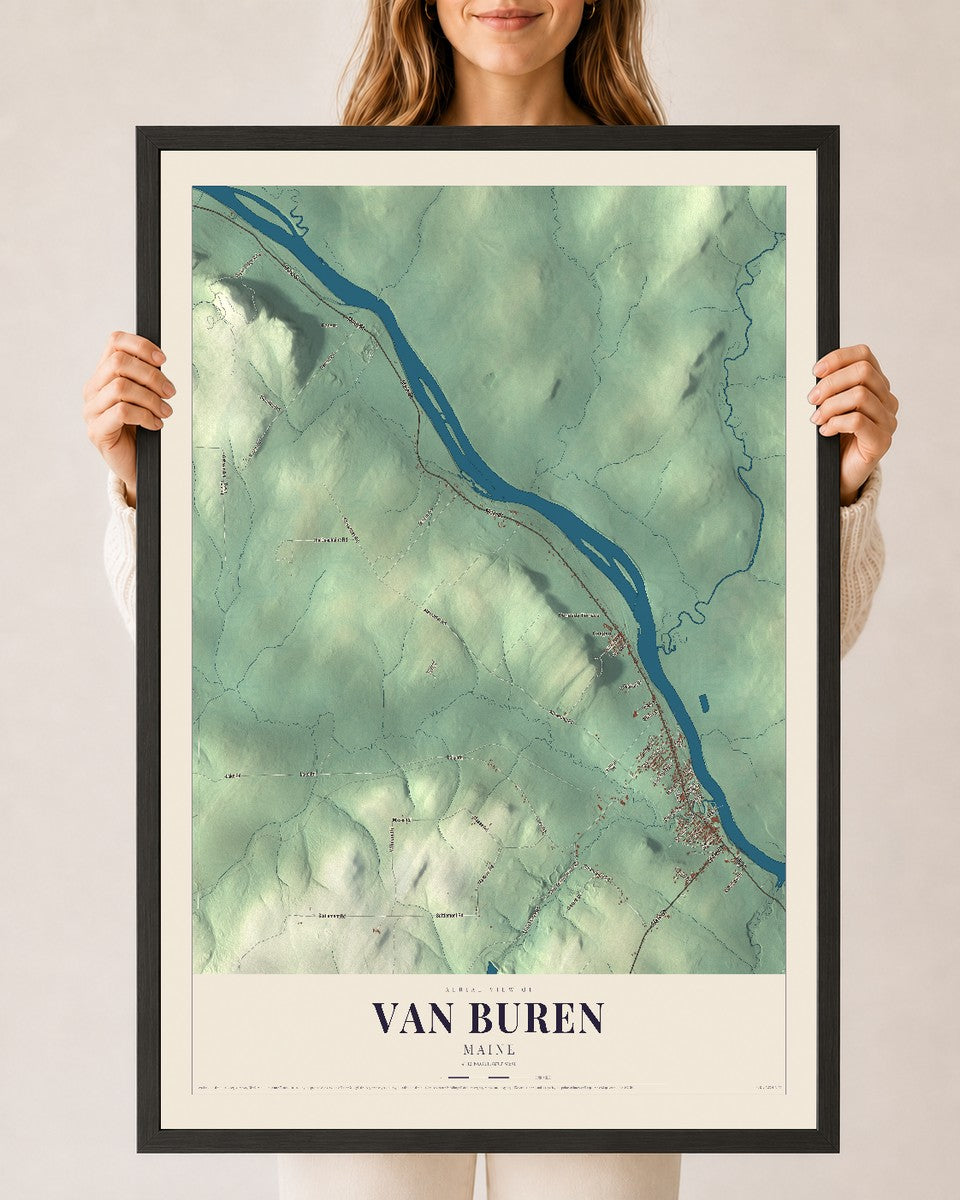 Van Buren, Maine map print - 24 x 36 black Ayous wood frame