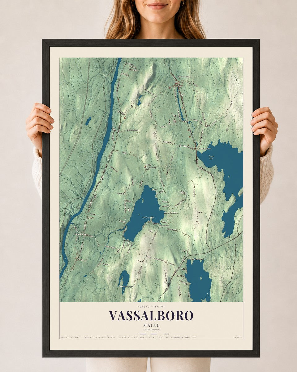 Vassalboro, Maine map print - 24 x 36 black Ayous wood frame