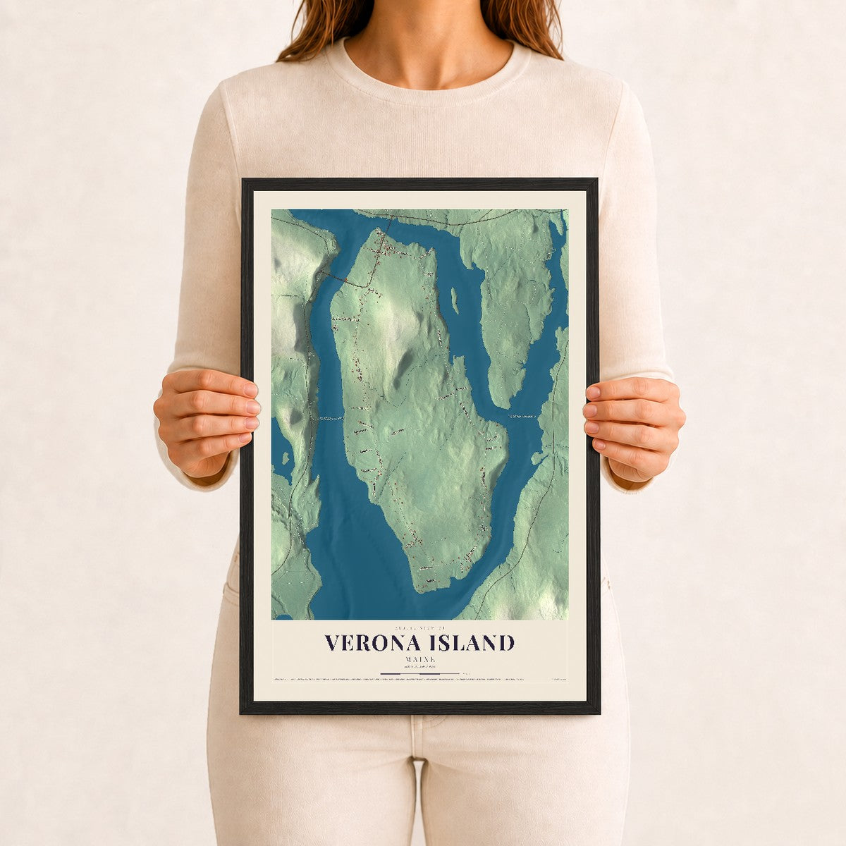 Verona Island, Maine map print - 12 x 18 black Ayous wood frame