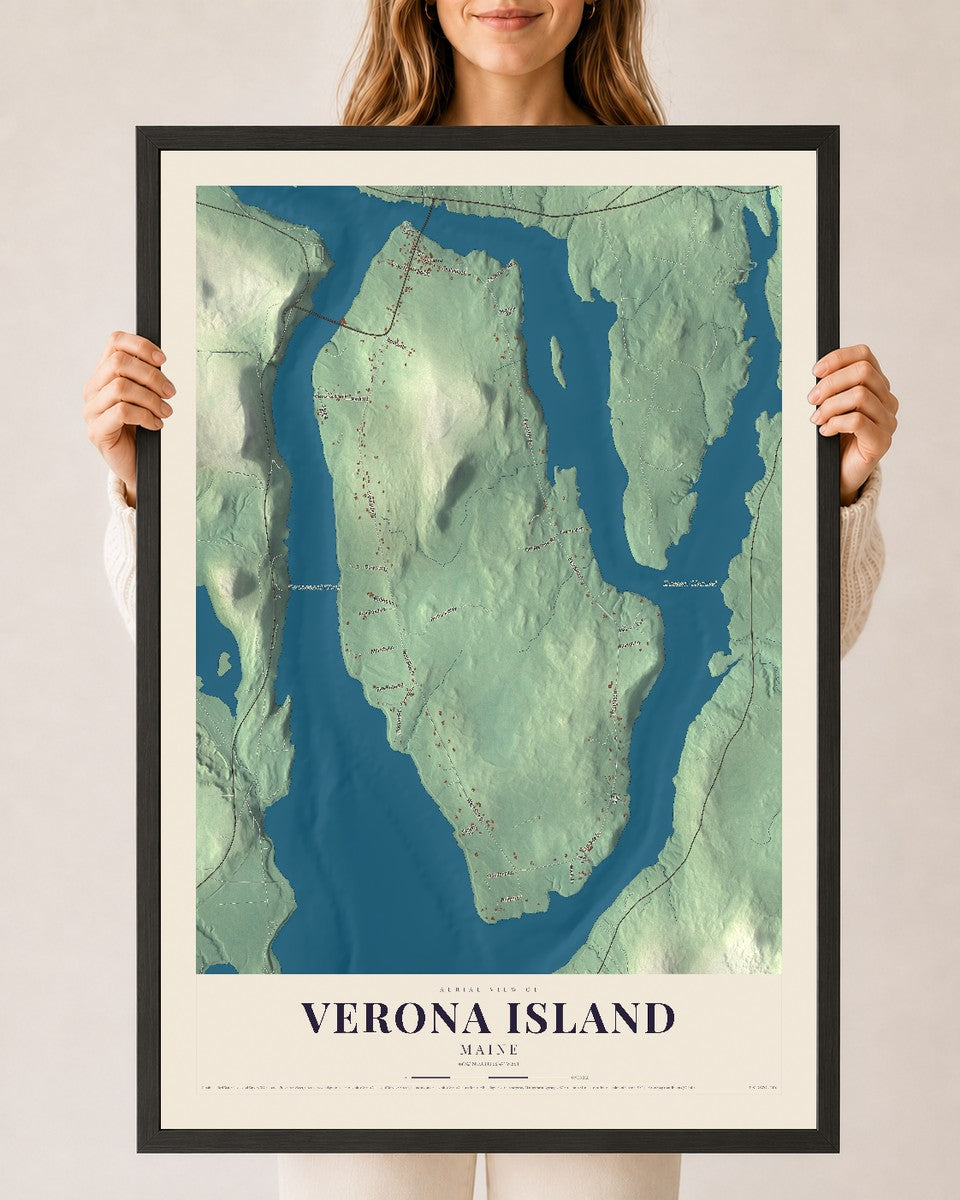 Verona Island, Maine map print - 24 x 36 black Ayous wood frame
