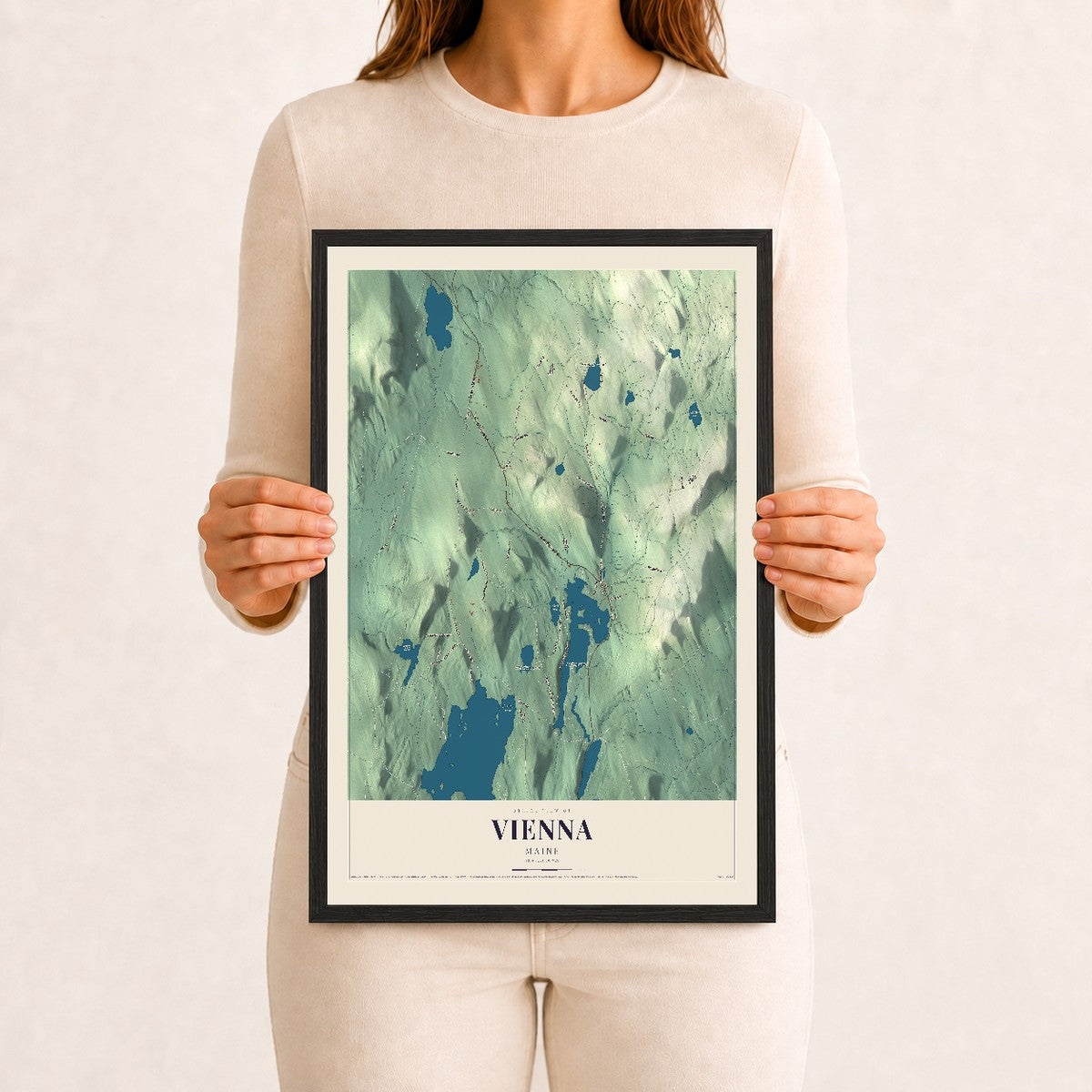 Vienna, Maine map print - 12 x 18 black Ayous wood frame