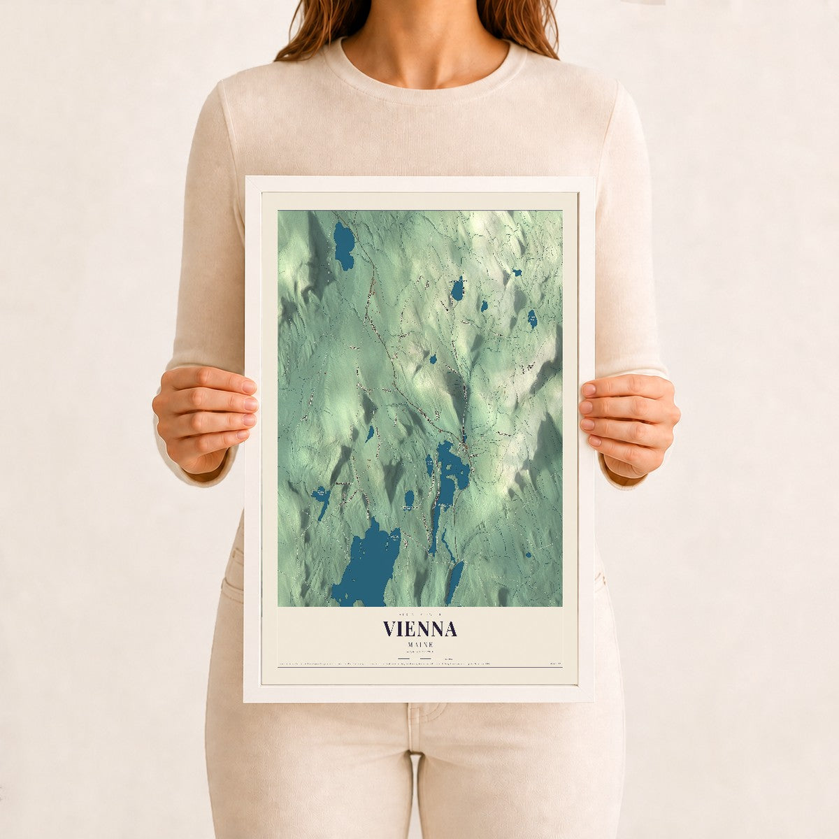 Vienna, Maine map print - 12 x 18 white Ayous wood frame