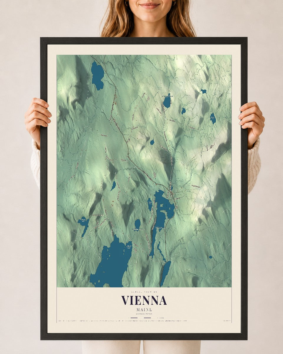Vienna, Maine map print - 24 x 36 black Ayous wood frame