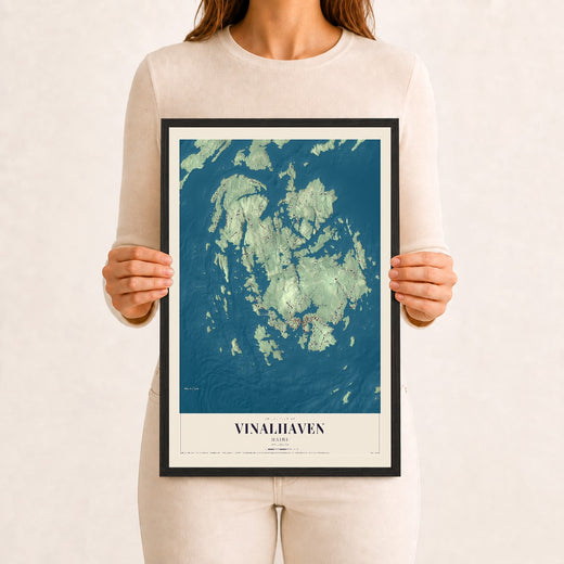 Map of Vinalhaven, Maine, 12 x 18 inch print in a black wood frame