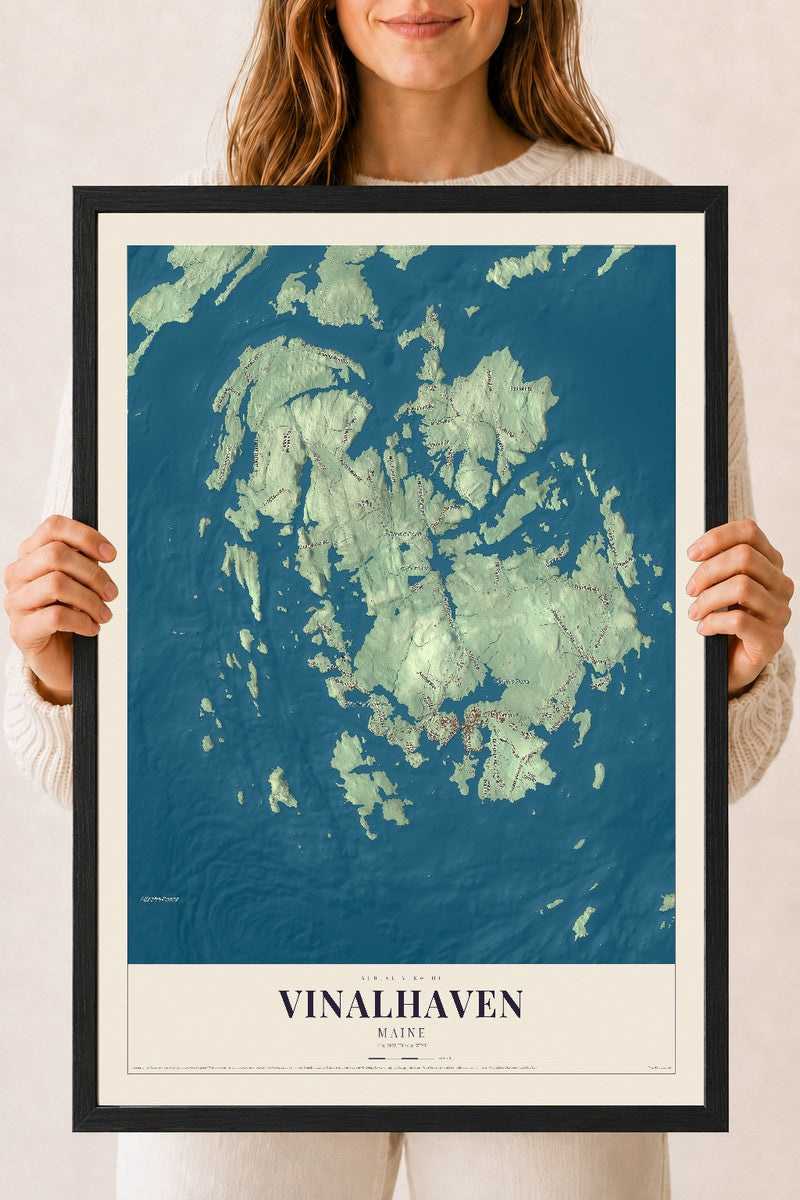 Vinalhaven, Maine map print - 18 x 24 black Ayous wood frame