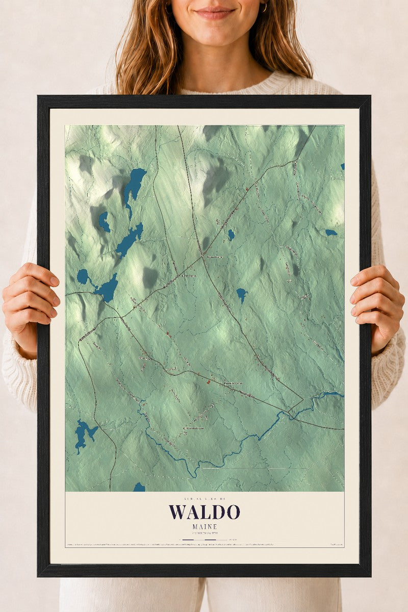 Waldo, Maine map print - 18 x 24 black Ayous wood frame