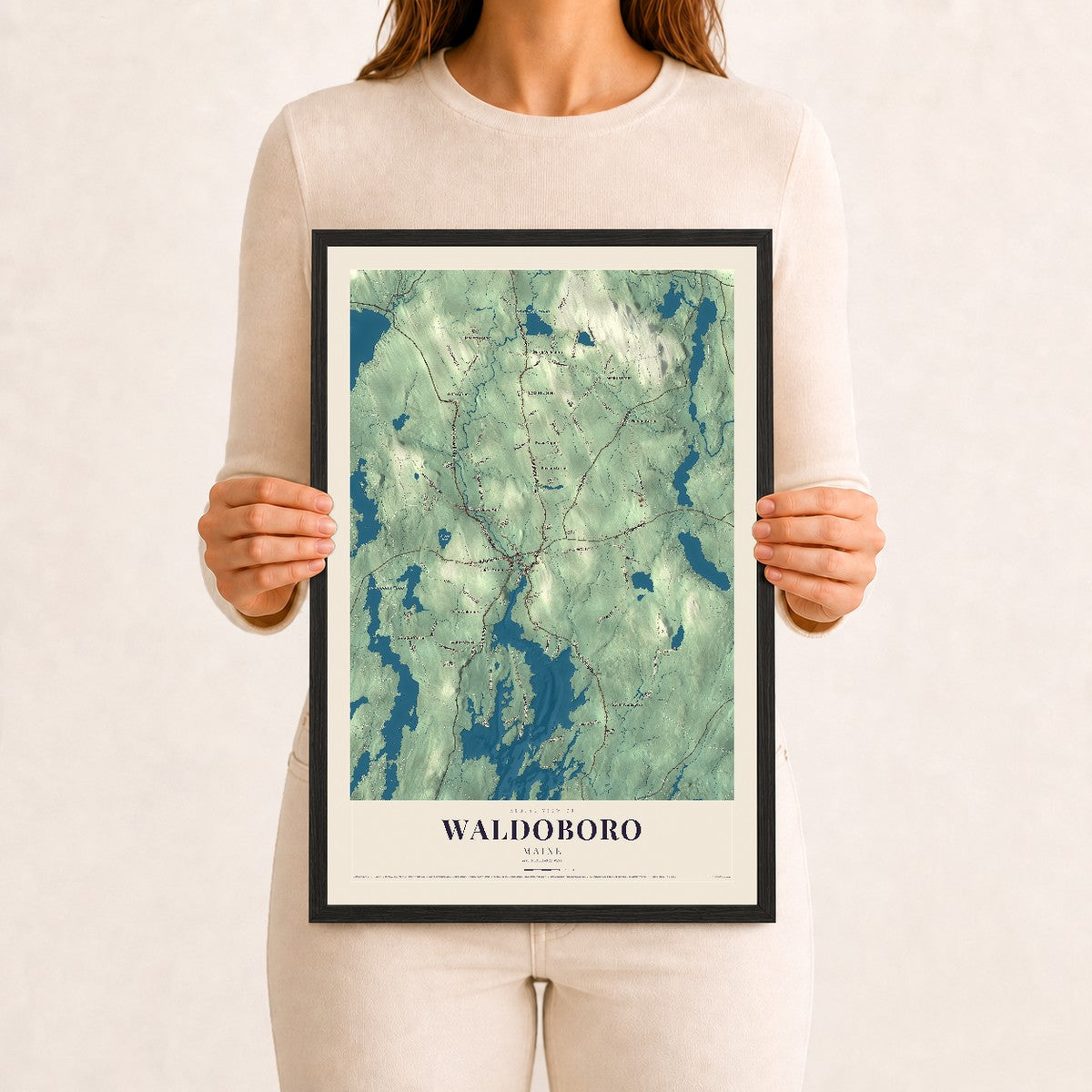 Waldoboro, Maine map print - 12 x 18 black Ayous wood frame