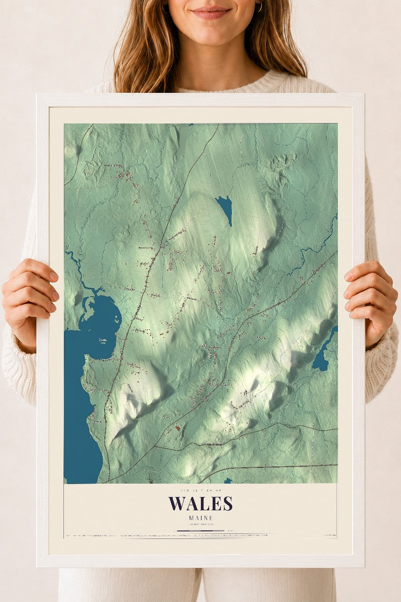 Wales, Maine map print - 18 x 24 white Ayous wood frame