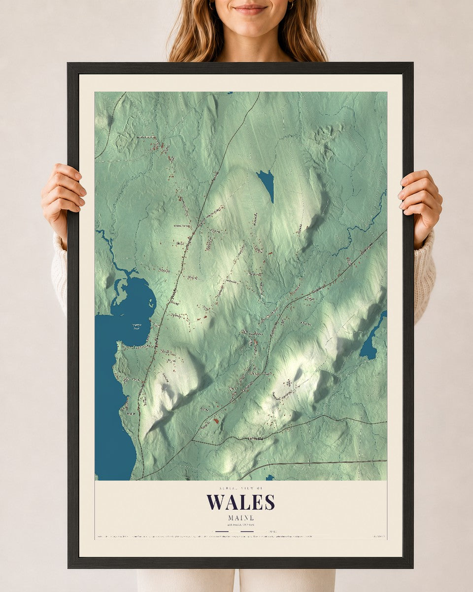 Wales, Maine map print - 24 x 36 black Ayous wood frame