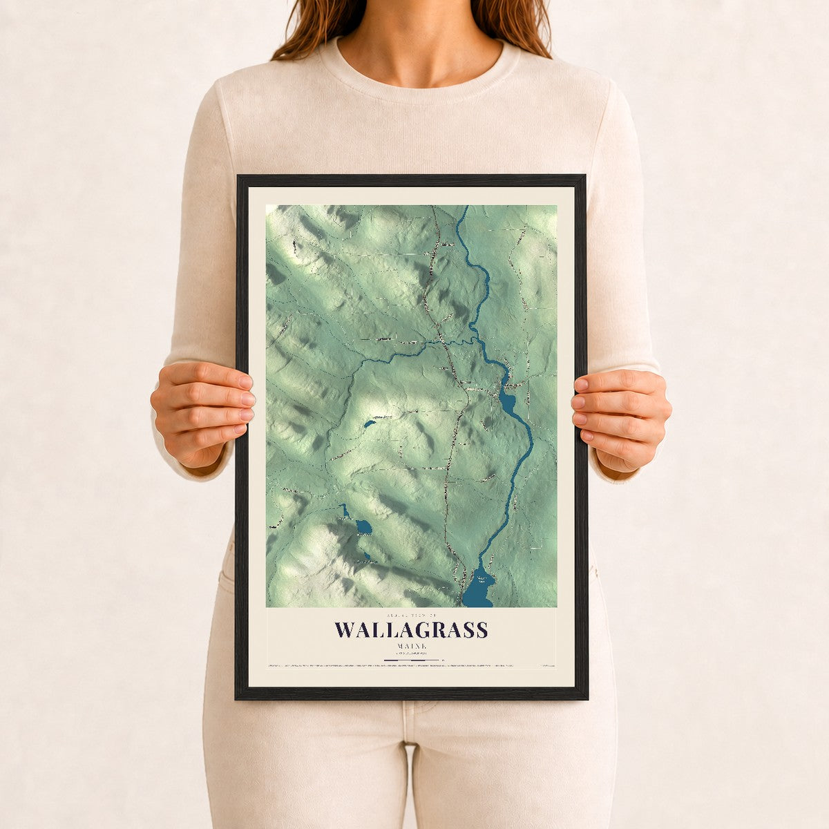 Wallagrass, Maine map print - 12 x 18 black Ayous wood frame