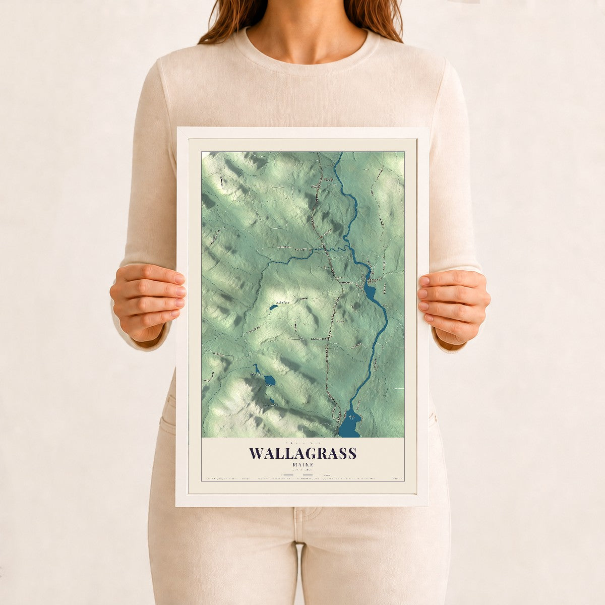 Wallagrass, Maine map print - 12 x 18 white Ayous wood frame