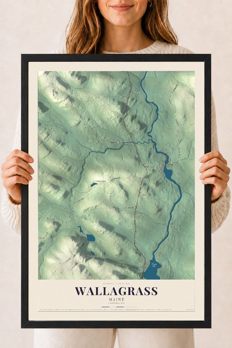 Wallagrass, Maine map print - 18 x 24 black Ayous wood frame