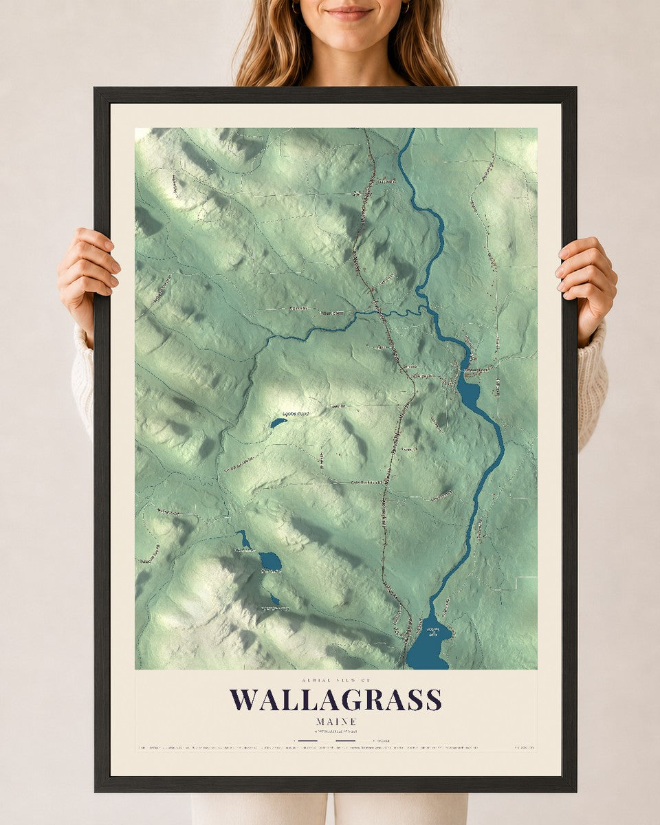 Wallagrass, Maine map print - 24 x 36 black Ayous wood frame