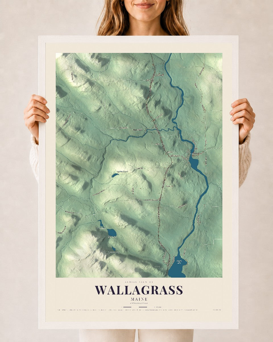Wallagrass, Maine map print - 24 x 36 white Ayous wood frame