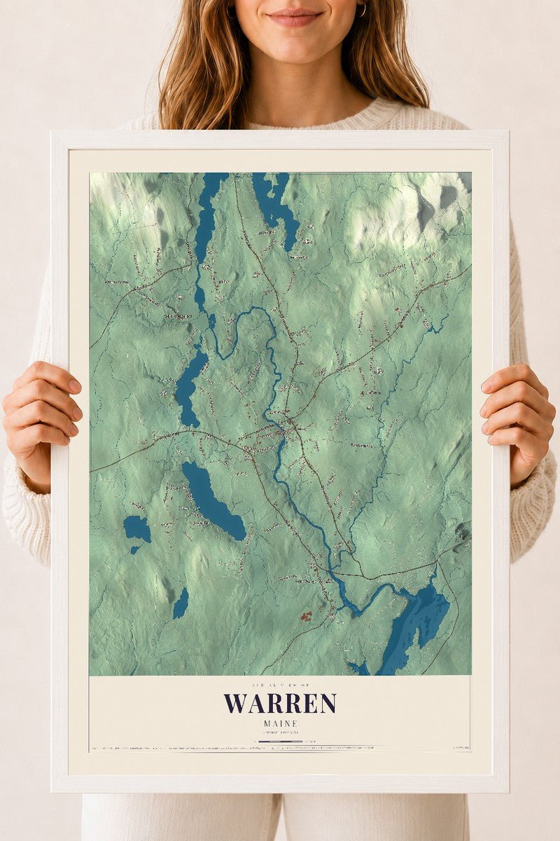 Warren, Maine map print - 18 x 24 white Ayous wood frame