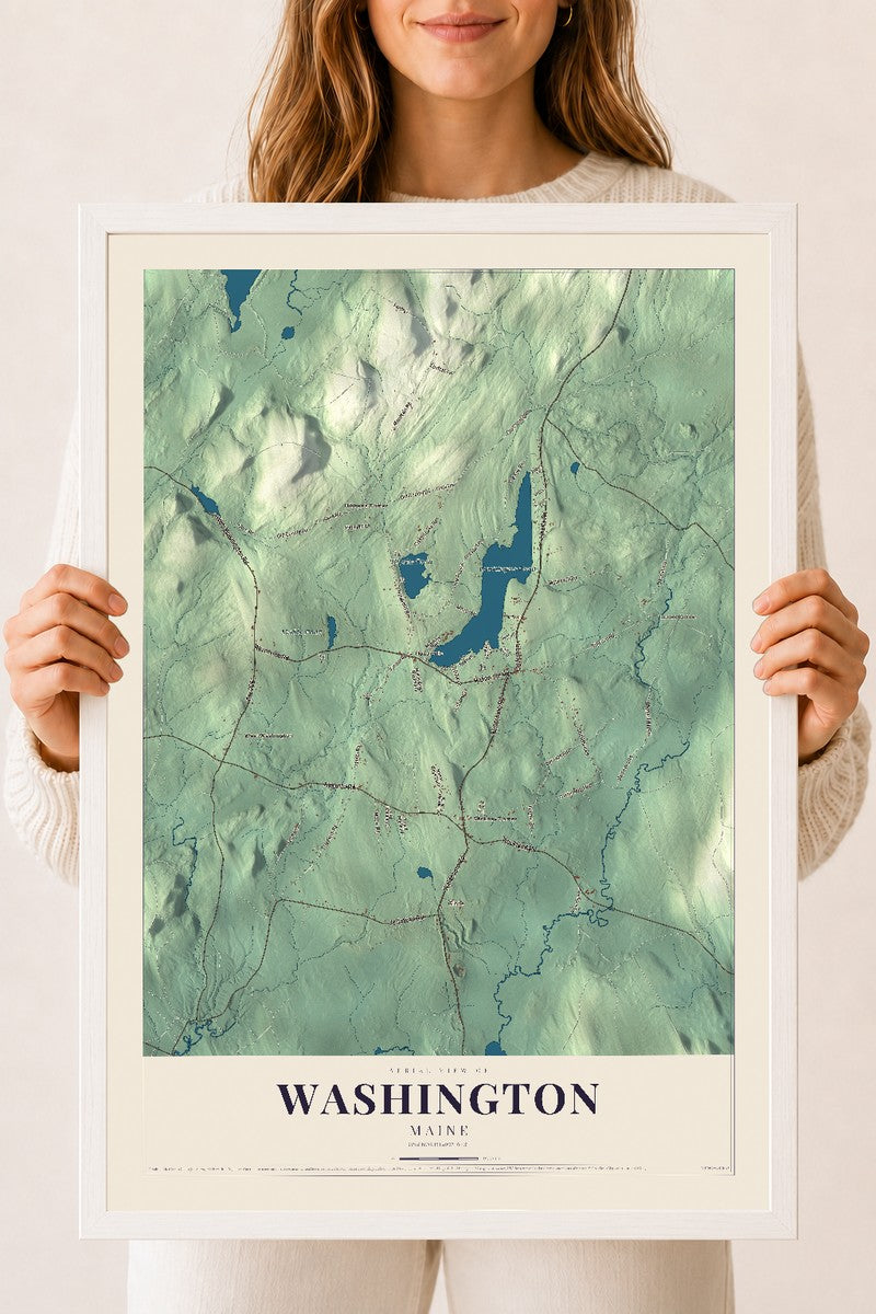 Washington, Maine map print - 18 x 24 white Ayous wood frame