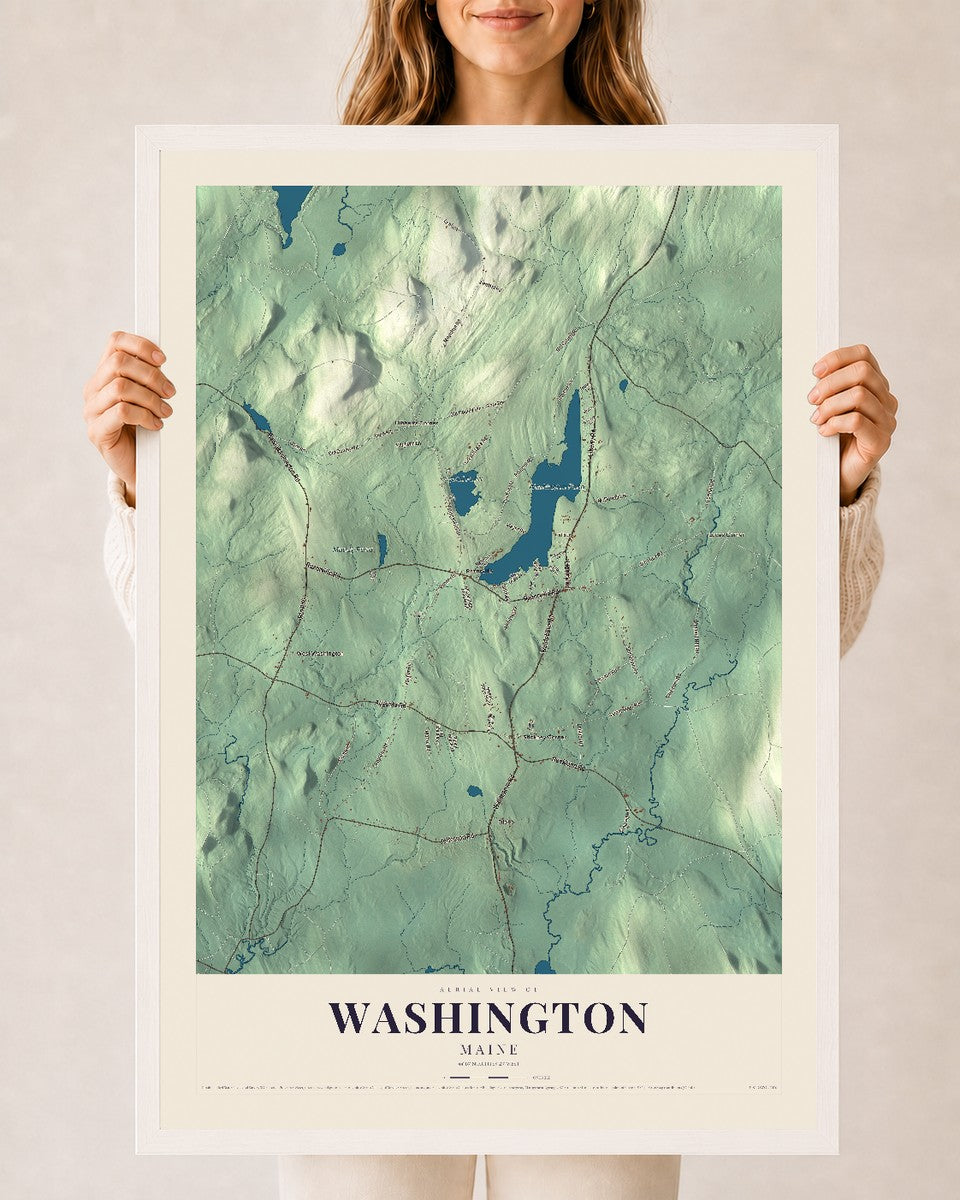 Washington, Maine map print - 24 x 36 white Ayous wood frame