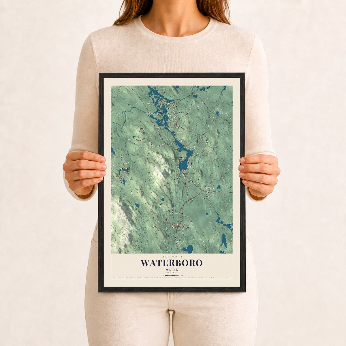 Waterboro, Maine map print - 12 x 18 black Ayous wood frame
