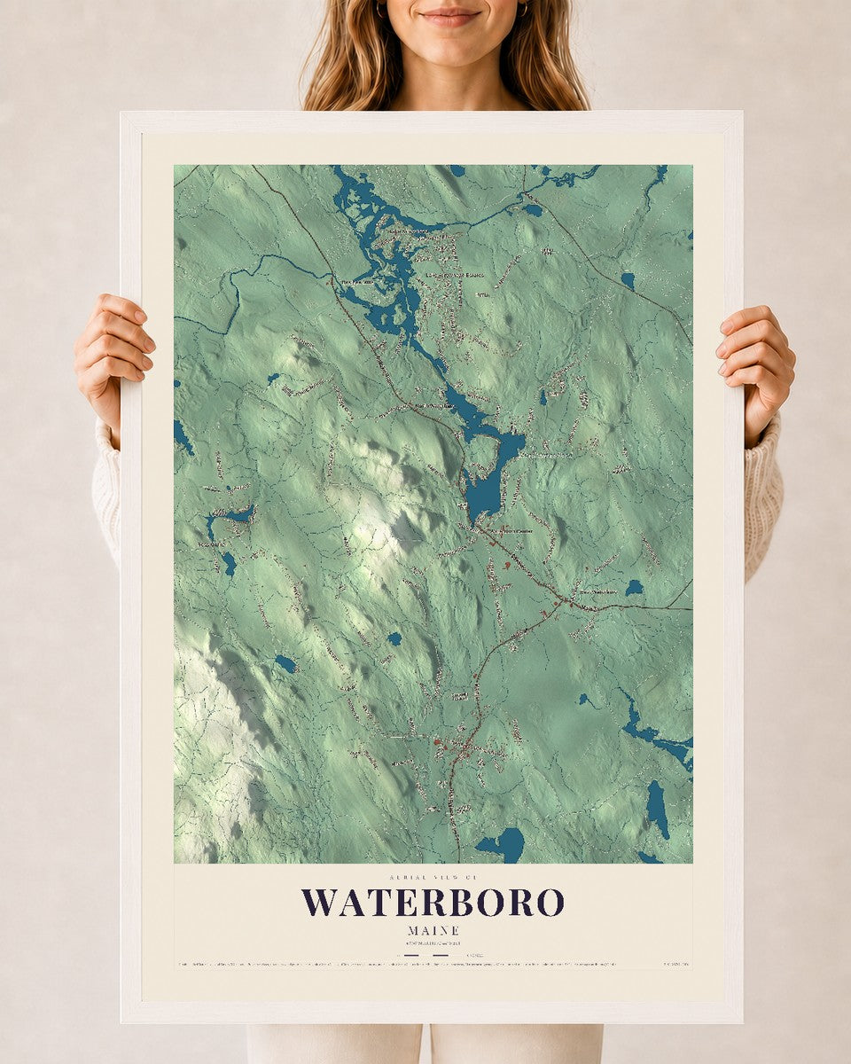 Waterboro, Maine map print - 24 x 36 white Ayous wood frame
