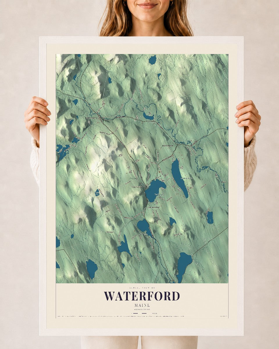 Waterford, Maine map print - 24 x 36 white Ayous wood frame