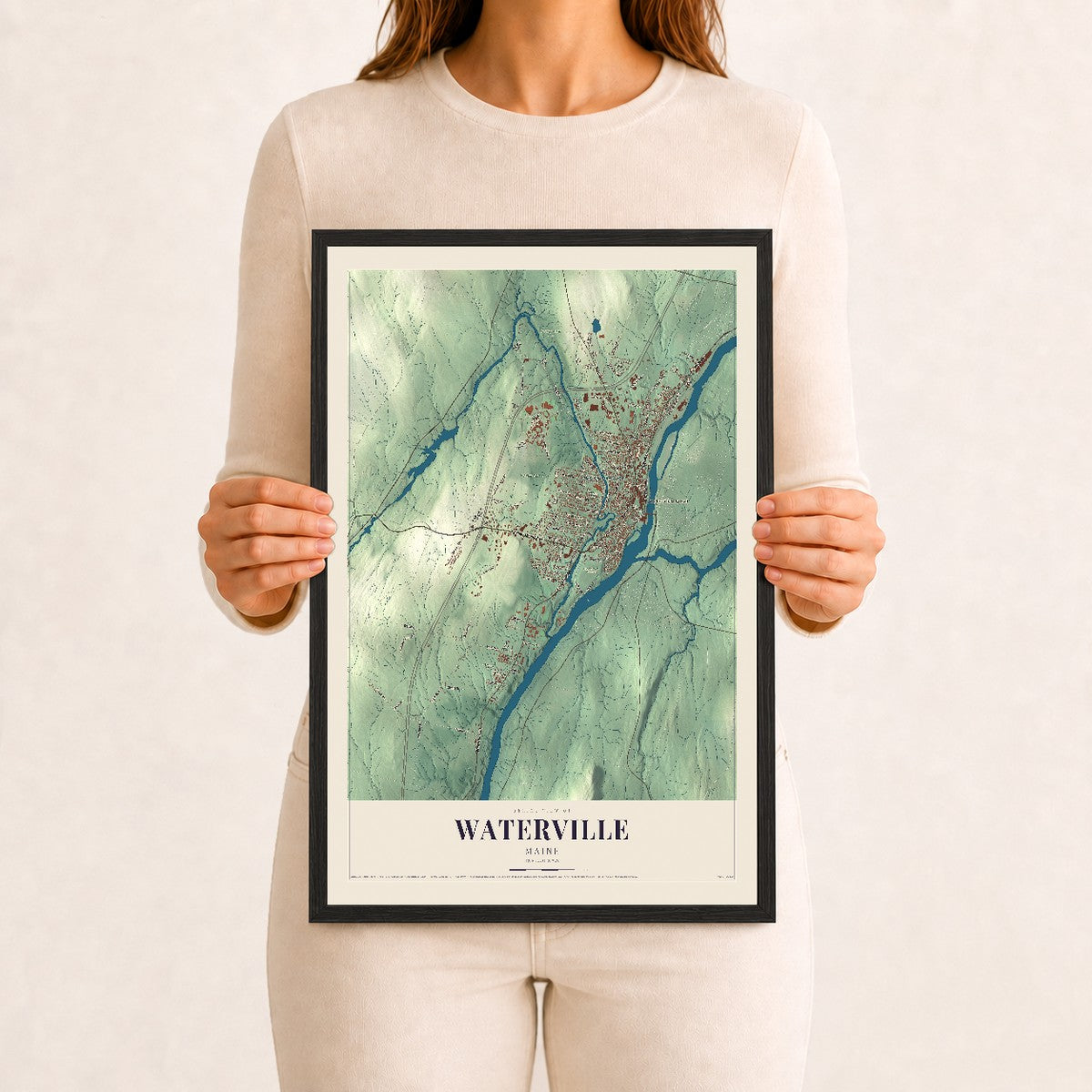 Waterville, Maine map print - 12 x 18 black Ayous wood frame