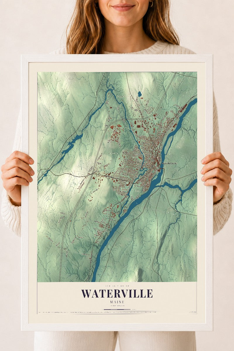 Waterville, Maine map print - 18 x 24 white Ayous wood frame