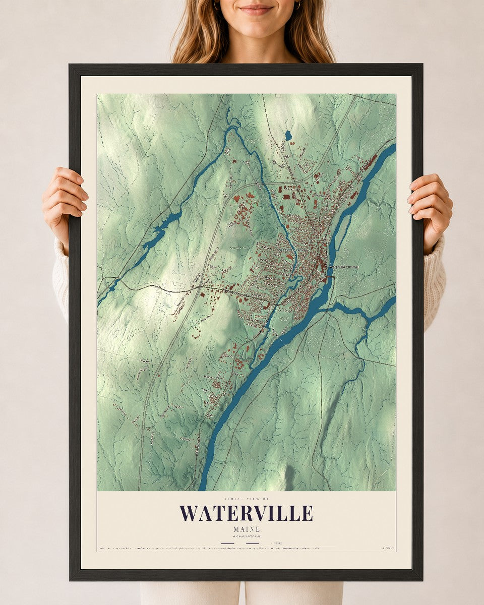 Waterville, Maine map print - 24 x 36 black Ayous wood frame