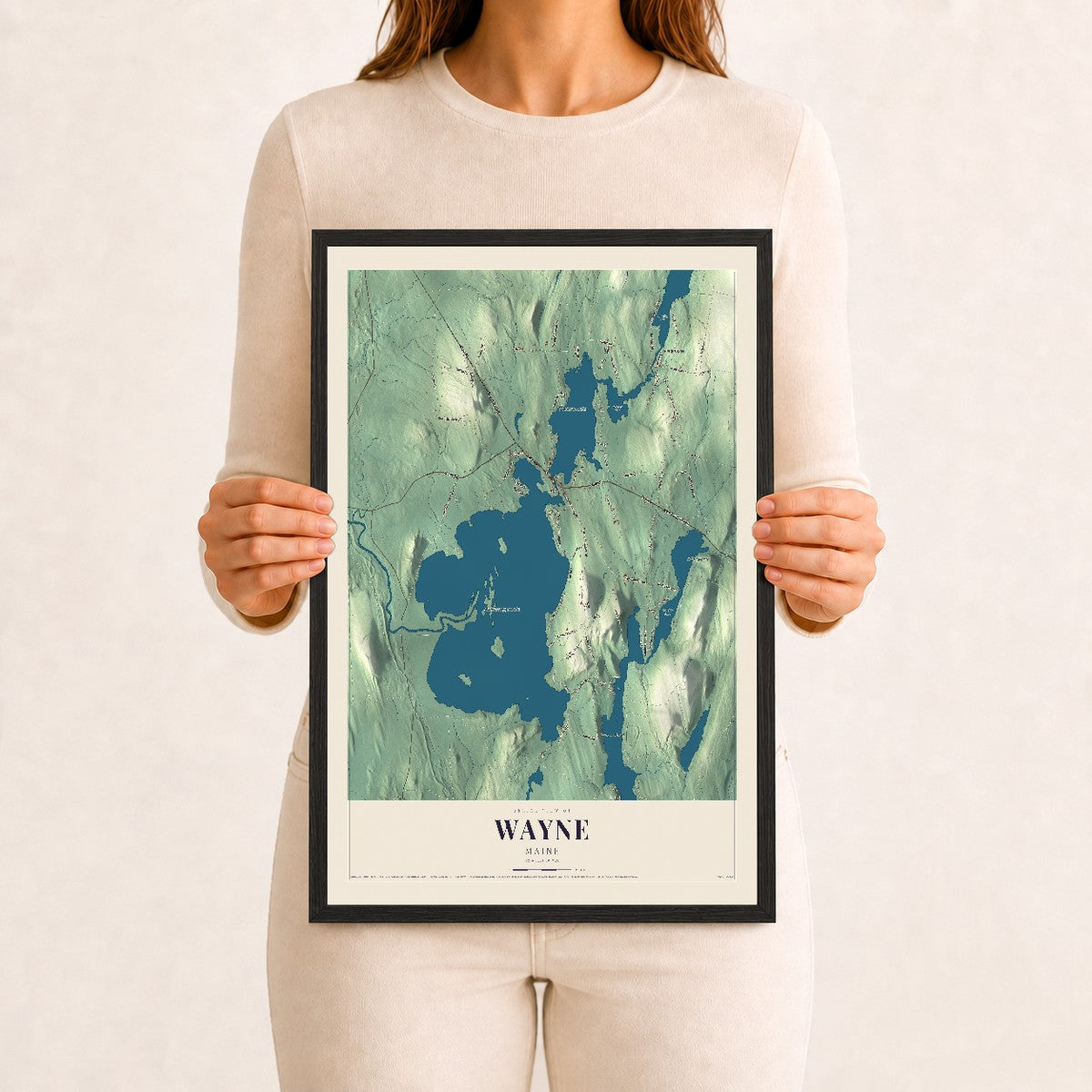 Wayne, Maine map print - 12 x 18 black Ayous wood frame