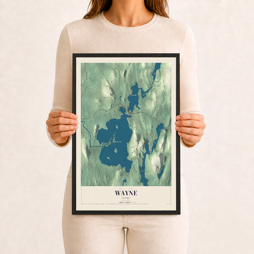 Map of Wayne, Maine, 12 x 18 inch print in a black wood frame