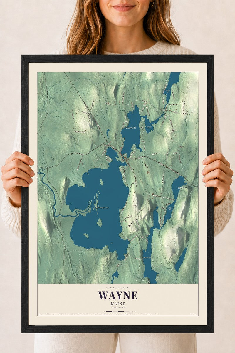 Wayne, Maine map print - 18 x 24 black Ayous wood frame