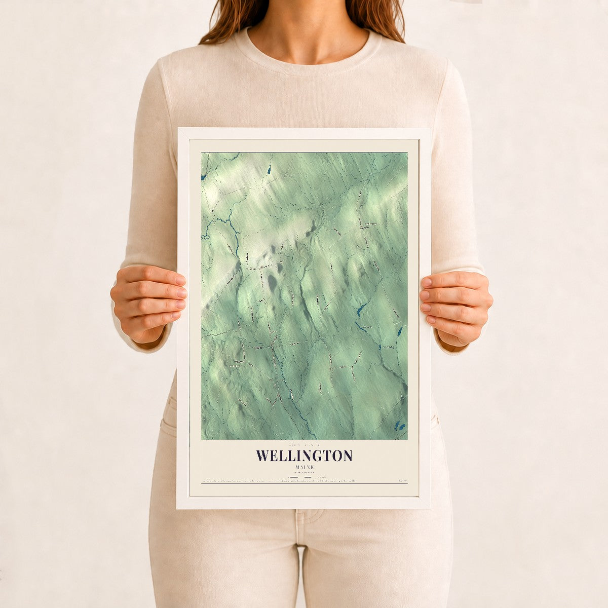 Wellington, Maine map print - 12 x 18 white Ayous wood frame