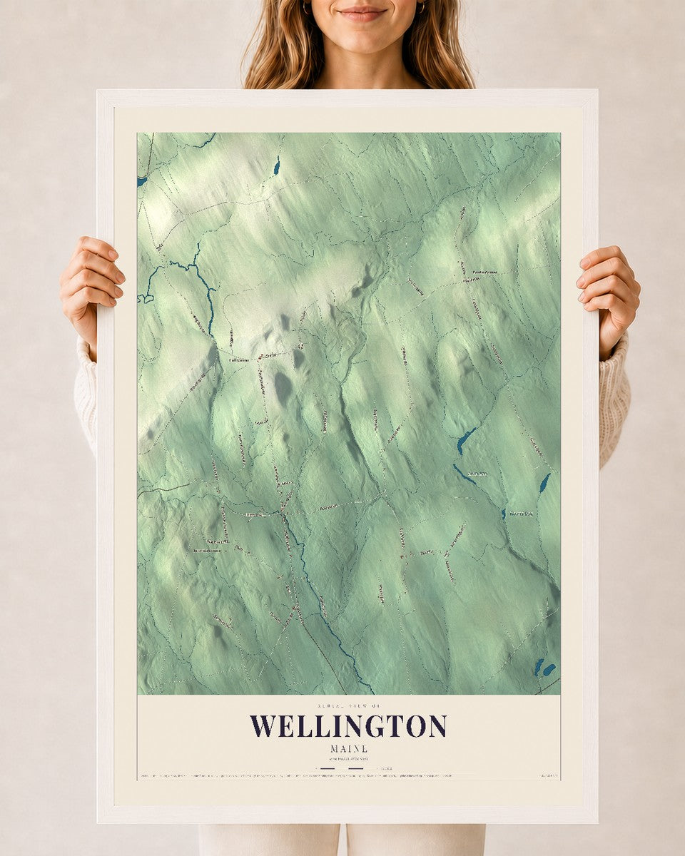 Wellington, Maine map print - 24 x 36 white Ayous wood frame