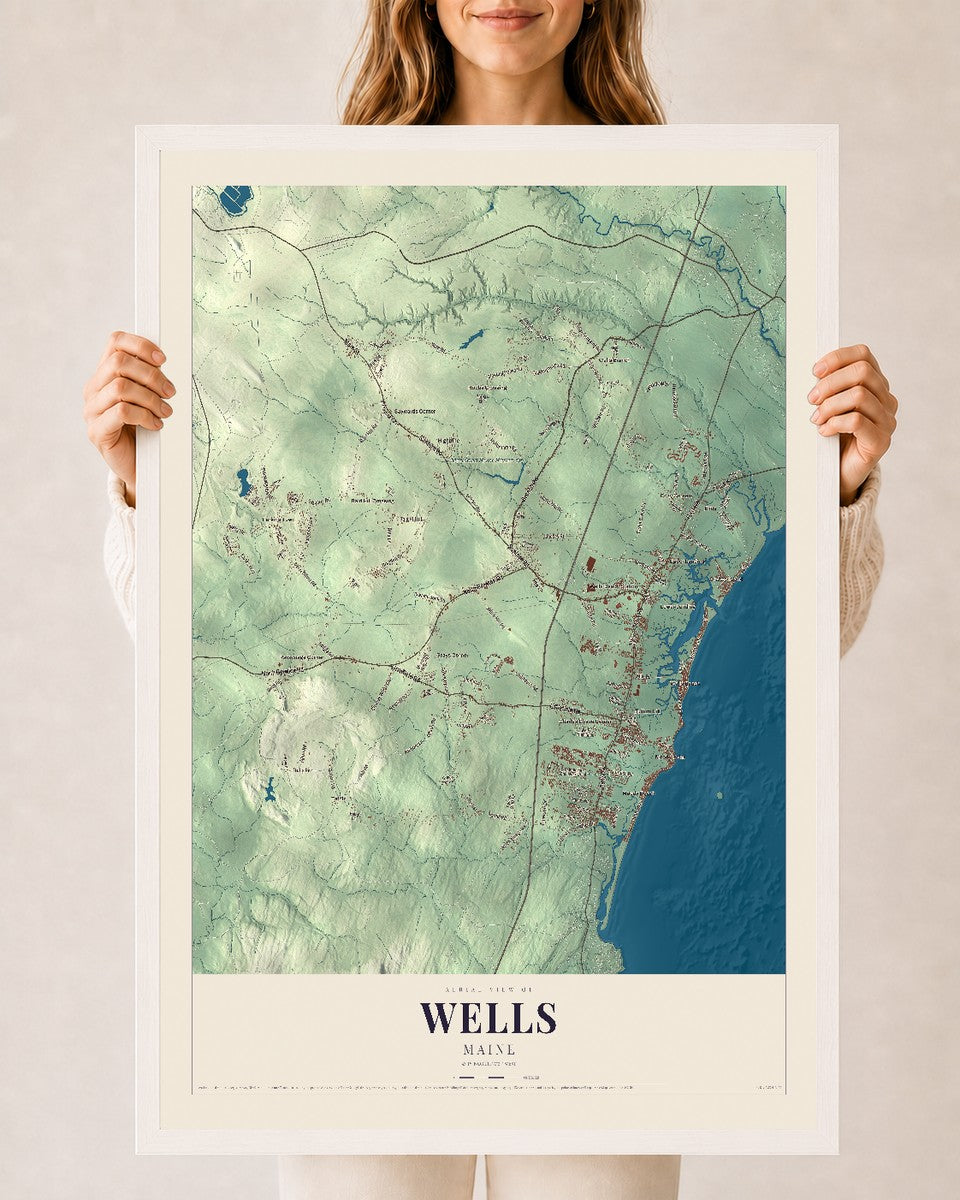 Wells, Maine map print - 24 x 36 white Ayous wood frame