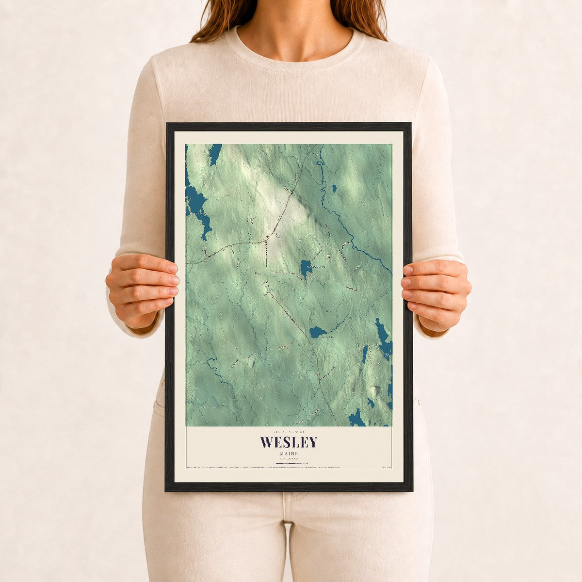 Wesley, Maine map print - 12 x 18 black Ayous wood frame