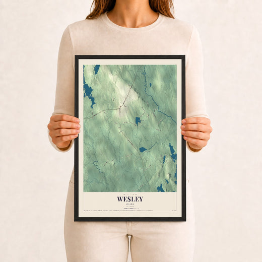 Map of Wesley, Maine, 12 x 18 inch print in a black wood frame